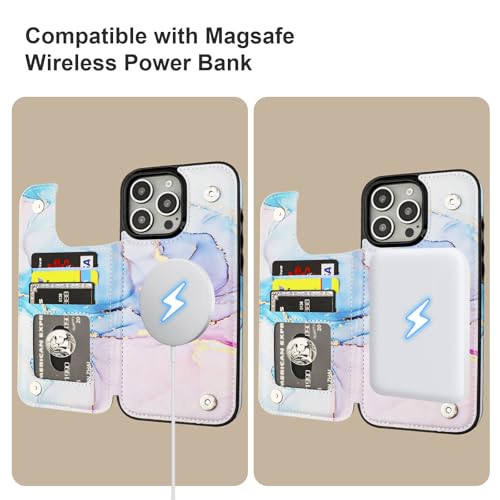 HAOPINSH for iPhone 16 Pro Max Case Wallet Compatible with MagSafe Wireless Charging, Pink Blue Marble Pattern Back Flip Folio PU Leather Kickstand Card Slots Case Double Magnetic Clasp Cover 6.9" - color: Pink Blue Marble for MagSafe