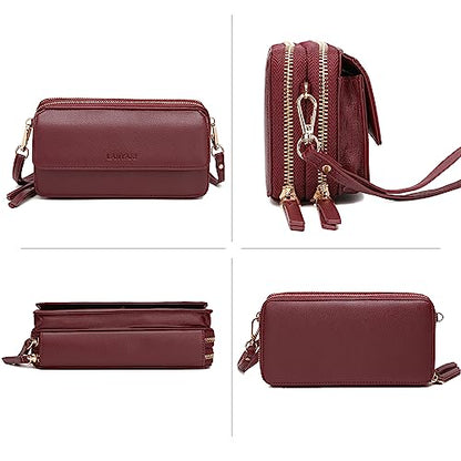 RFID Crossbody Wallet Wristlet Purse with Phone Pocket For Women Vegan Leather - color: Burgundy
