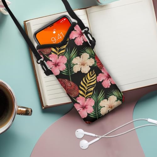Cellphone Purse Bag with Adjustable Strap Waterproof Shockproof Crossbody Mini Shoulder Handbags Portable Phone Sleeve Case for Women, 8 x 4 Inch, Tropical Hibiscus Flower Palm Leaf - color: Tropical Hibiscus Flower Palm Leaf