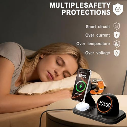 Wireless Charging Station with Clock,6-in-1 Charging Stand - color: Black