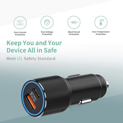 63W Car Charger USB C Super Fast Charging for iPhone Air/17/17 Pro/17 Pro Max/17e/16/16Pro/16e/15/15Pro/iPad Pro 13/12.9/11/Air/Mini Dual Port 12V Cigarette Lighter Adapter Plug+Carplay Cable 3ft 4ft