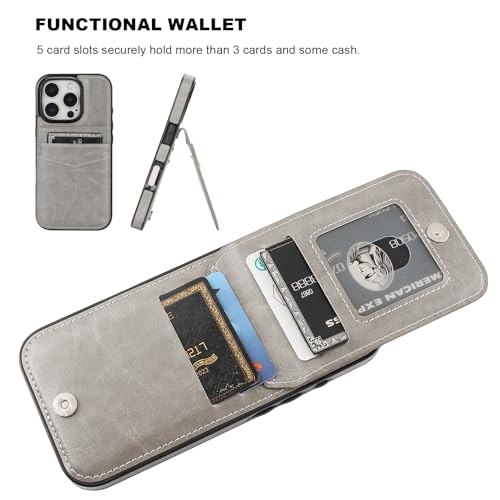 KIHUWEY for iPhone 16 Pro Wallet Case Card Holder Kickstand, Gray | Credit Card Slots, PU Leather, Magnetic Clasp, Flip Heavy Duty Protection Cover for Men and Women - color: Gray