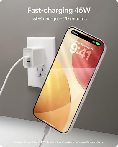 Mophie Speedport 45 GAN USB-C Charger Block - 45W Fast Wall Charger, 2× USB‑C PD Ports, Compact Foldable Prongs, Made with Recycled Materials, for Smartphones, Tablets, Headphones - style: 45W