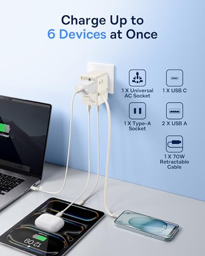 Baseus 70W Universal Travel Adapter, 6-in-1 International Plug Adapter - color: White, size: 70W