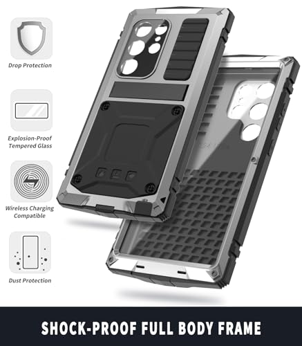 Simicoo Compatible with Samsung Galaxy S24 Ultra Metal Bumper Heavy Duty Case with Stand Gorilla Glass Camera Cover Hybrid Durable Military Rugged Shockproof Rugged Full Body Men(Silver) - color: Silver, size: Samsung S24 Ultra