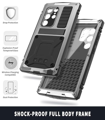 Simicoo Compatible with Samsung Galaxy S24 Ultra Metal Bumper Heavy Duty Case with Stand Gorilla Glass Camera Cover Hybrid Durable Military Rugged Shockproof Rugged Full Body Men(Silver) - color: Silver, size: Samsung S24 Ultra