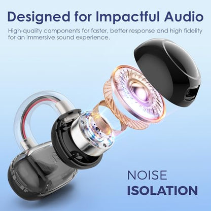 Open Ear Ring True Open Ear Headphones, Lightweight Comfort Open Ear Clip Wireless Earbuds, 40H Play Bluetooth 5.4 Headphones with Smart Digital Display Design Fit Sports Running, Workout Black