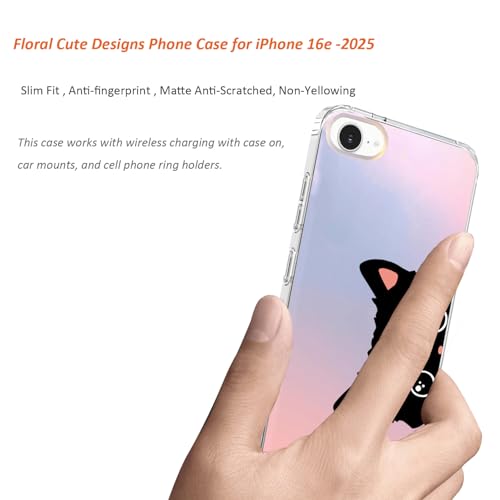 for iPhone 17e & 16e Case: Slim Clear Matte Cute Flowers Floral Design for Girls Women Military Grade Drop Protection TPU Bumper Shockproof Silicone Phone Cover (Cat Ear) - color: Fun Cat Ear