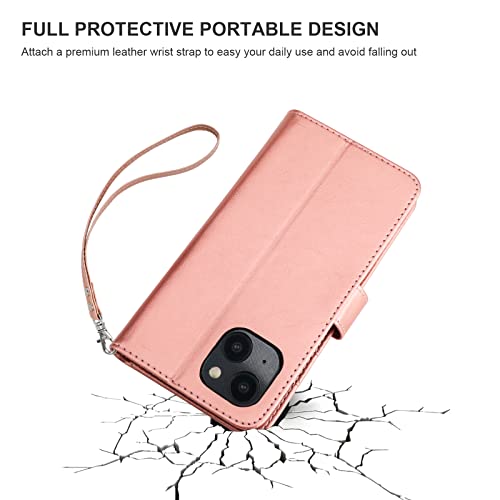 Bocasal Detachable Wallet Case Card Holder for iPhone 14, Rose Gold | RFID Blocking Kickstand Card Slots Holder PU Leather Magnetic Shockproof Wrist Strap Removable Flip Protective Cover 6.1 inch - color: Rose Gold