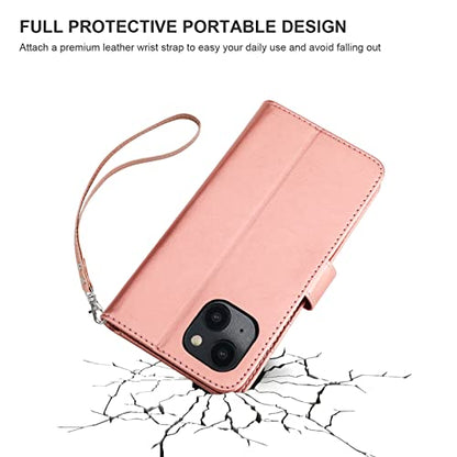 Bocasal Detachable Wallet Case Card Holder for iPhone 14, Rose Gold | RFID Blocking Kickstand Card Slots Holder PU Leather Magnetic Shockproof Wrist Strap Removable Flip Protective Cover 6.1 inch - color: Rose Gold