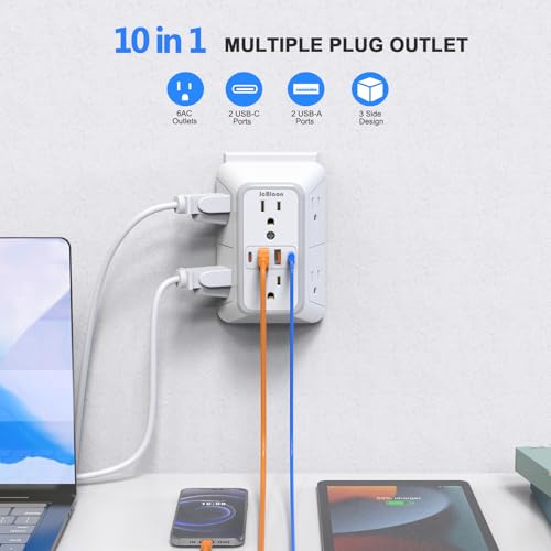2 Pack Outlet Extender Surge Protector, 6 Outlet Splitter with 4 USB Outlet (2 USB A,2 USB C), 3Sided Power Strip with Adapter Spaced Outlets for Home, Office, Travel(White)-ETL - color: White 2PCS