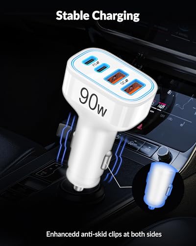 90W 4-Port USB C Super Fast Car Charger for iPhone Duo/18 Pro Max/18/17/16 - color: White