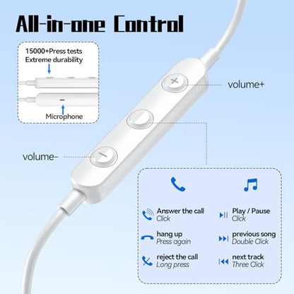 USB C Headphones Wired Earbuds for Samsung Galaxy S26 S25 S24 A57 iPhone 17 - color: White