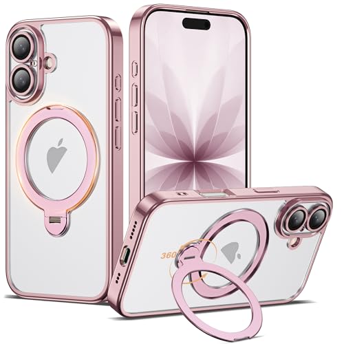 Compatible with iPhone 17 Case with 360° Spin Magnetic Ring Stand [Compatible with Mag-Safe] Full Camera Lens Protector Plating Clear Phone Case for iPhone 17 6.3", Pink - color: Pink, size: Iphone 17