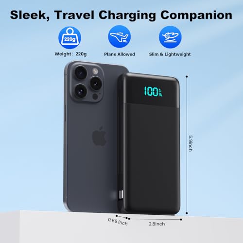 Portable Charger for iPhone,13800mAh Slim Power Bank with Built-in Cables & AC Wall Plug,All in One 4 Outputs USB C Fast Charging Battery Pack Powerbank for iPhone 18/17/16/15,Android,Travel Essential - color: Black
