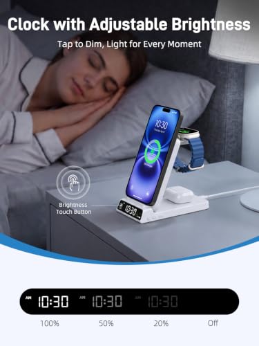 3 in 1 Charging Station for Apple, Travel Wireless Charger with Clock - color: white