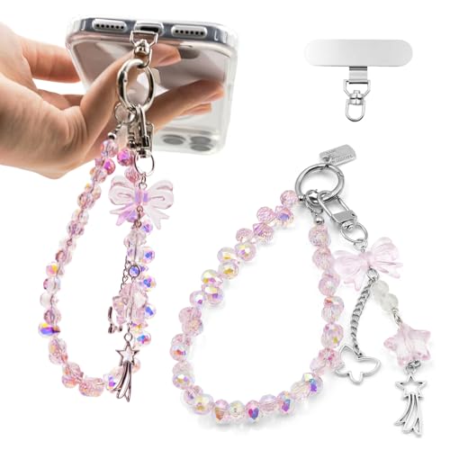 Crystal Beaded Phone Wrist Strap, Cute Cellphone Lanyard Chain, Bow Keychain Wristlet Bag Charms for Women - color: Pink