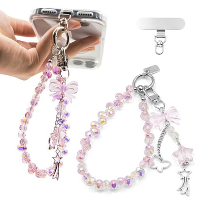 Crystal Beaded Phone Wrist Strap, Cute Cellphone Lanyard Chain, Bow Keychain Wristlet Bag Charms for Women - color: Pink