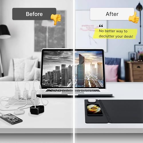 Wireless Charging Desk Pad, Large Non-Slip Reversible Felt & Vegan PU Leather Desk Mat, Waterproof, Detachable Magnetic Panel - Organize, Charge 2 Devices, Apple & Android Compatible - Black