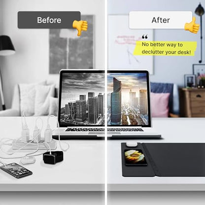 Wireless Charging Desk Pad, Large Non-Slip Reversible Felt & Vegan PU Leather Desk Mat, Waterproof, Detachable Magnetic Panel - Organize, Charge 2 Devices, Apple & Android Compatible - Black