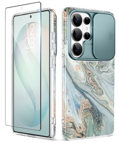 GVIEWIN for Samsung Galaxy S26 Ultra Case with Slide Camera Cover, [Screen Protector] [Shockproof Military Grade Drop Protection] Marble Slim Fit Hard PC Phone Cover S26 Ultra 6.9" 2026 (Ocean Tide) - color: Ocean Tide/Green, size: For Galaxy S26 Ultra 6.