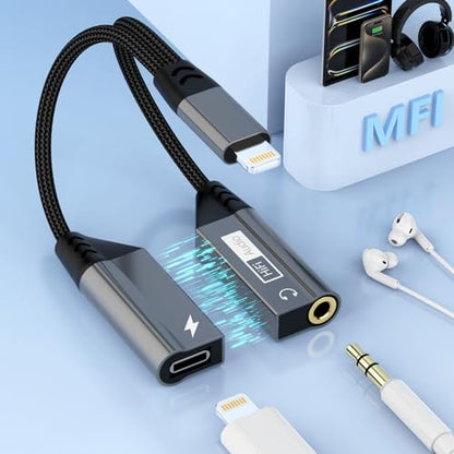Magnetic 2-IN-1 Lightning to 3.5mm Audio Jack Headphone and Charge Cable Adapter for iPhone，【Apple MFi Certified】Earphone Converter Splitter Support Music+Charge+HiFi+Mic for iPhone 14 Pro/14 13 12 11