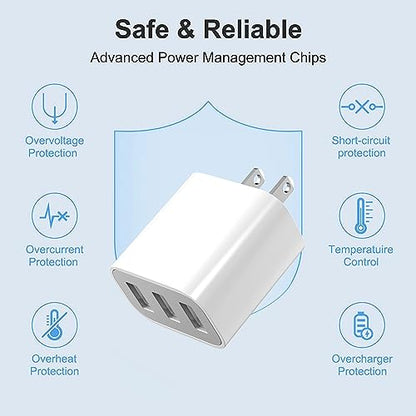 3 USB A Ports Charger Block,YTFCYIKBG Cell Phone wall Chargers,USB Cube - color: Matte White