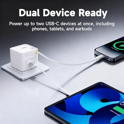 Basix by iOttie 35W GaN Wall Charger with Built-in Retractable USB-C Cable and Extra USB-C Port, Dual Device Fast Charging, Compact Travel Charger with Folding Prongs