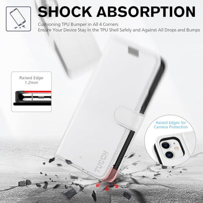 TUCCH Case Wallet for iPhone 11 (6.1") 2019, RFID Blocking Folio, White | 3 Card Holders, Kickstand, PU Leather, Magnetic Closure, Shockproof TPU Shell, Protective Flip Cover - color: White