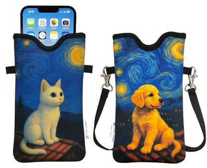 Tainada Neck Phone Sleeve Pouch w/Crossbody Strap (Dog Cat Starry Night) - color: Dog Cat Starry Night