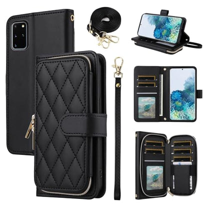 Wallet Case for Samsung Galaxy S20 Plus S20+ 5G with Wrist Strap, 9+ Card Slots Zipper Purse, Luxury PU Leather Stand Full Body Phone Cover for S20+5G S20plus 20S + S2O S 20 20+ G5 Women Black | Wrist/Shoulder Strap, Card Slots, Zipper Purse, PU Leather S