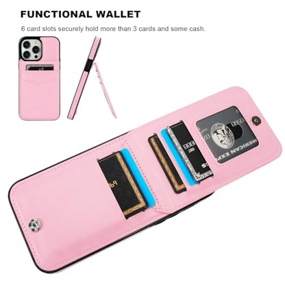 KIHUWEY for iPhone 14 Pro Max Wallet Case Card Holder Kickstand, Pink | Credit Card Slots, PU Leather, Magnetic Clasp, Flip Heavy Duty Protection Cover for Men and Women - color: Pink