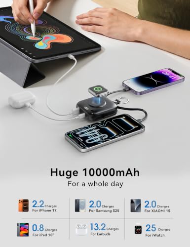 Portable Charger 10000mAh 22.5W Power Bank Built-in 2 Cables Keychain | Charge 5 Devices, TSA approved, Travel Fast Charging Battery Pack for iPhone Samsung Google Android & iWatch Charger, Black - color: Black