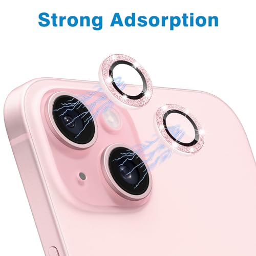 Compatible with iPhone 15 & 15 Plus Camera Lens Protector, Bling Glitter 9H Tempered Glass Camera Cover Anti Scratch Shockproof Screen Protector Individual Metal Lens Ring - 2PCS Glitter Pink - color: Pink Glitter