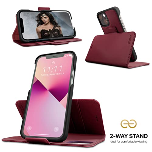 Dreem Vegan Leather Magnetic Detachable Wallet Case for iPhone 13 Burgundy | Built-in Phone Stand, RFID Blocking Card Holder Flip Cover, MagSafe Compatible, Gift Box [Fibonacci: Burgundy] - color: Burgundy, size: iPhone 13