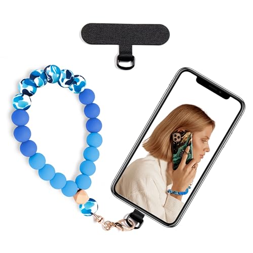 Silicone Beaded Phone Wrist Strap for Women, Elastic Wristlet - color: Dark Blue