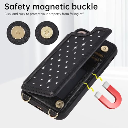 for iPhone 7/8/SE 2022/SE 2020 Wallet Case with Card Holder Slots and Strap, RFID Blocking Magnetic Flip Folio Cover, Crossbody Purse Protection Case with Kickstand,Black Diamond - color: Black Diamond, size: iPhone 7/8/SE 2022/SE 2020(6.6")
