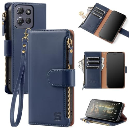 Shieldtop Compatible with Motorola Moto G Power 5G 2025 Wallet Case with Card Holder,Women Men RFID Blocking PU Leather Flip Phone Case Protective Cover Wrist Strap Zipper Credit Card Slots,Blue - color: Blue, size: Moto G Power 5G 2025 - 6.8"