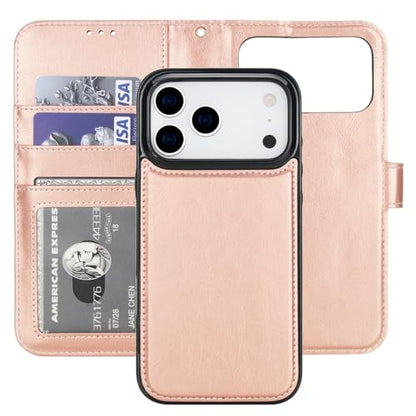 Bocasal Detachable Wallet Case Card Holder for iPhone 17 Pro Max Rose Gold | RFID Blocking Kickstand Card Slots Holder PU Leather Magnetic Shockproof Wrist Strap Removable Flip Protective Cover 6.9 inch - color: Rose Gold