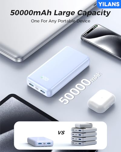 YILANS Portable Charger 50000mAh, 22.5W Power Bank with Built-in 4 Cables - color: Azure