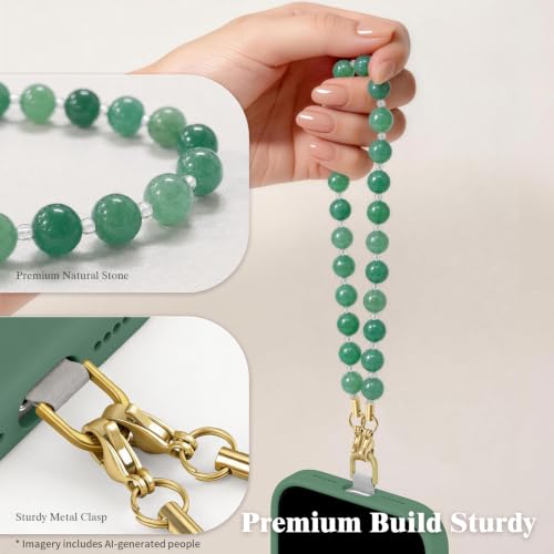 SURPHY Natural Stone Phone Charm, Beaded Phone Wrist Strap with Tether Tab - color: Aventurine Green