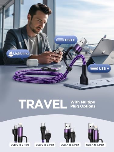 USB C to Lightning Cable, 60W 4 in 1 Fast Charging Cable Apple MFi Certified USB A to Lightning Cord Nylon 6ft USB C to USB C Charger Cord for iPhone 17 16 15 14 Pro/iPad/Samsung S25/MacBook/Switch 2