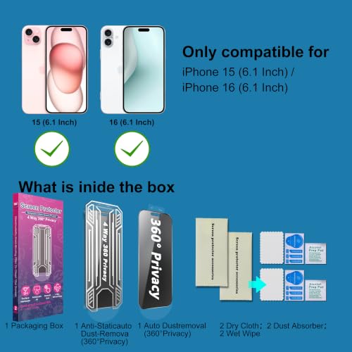 [2 Pack 4 Way Privacy Screen Protector for iPhone 15 / iPhone 16, Anti-Spy Tempered Glass, 9H Hardness Shatterproof, 3D Curved Edges, Case-Friendly, Bubble-Free Easy Installation - size: for 16 / 15