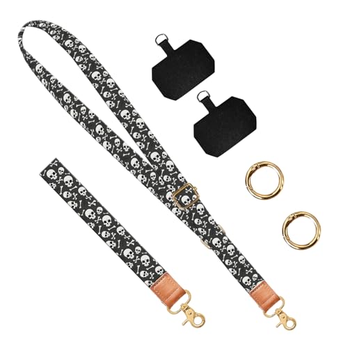 Phone Lanyard Crossbody Wrist Strap, Universal Adjustable Neck Strap for Phone Case Keys ID Badges, Travel Essential - color: Black White Skulls