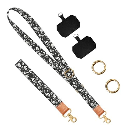 Phone Lanyard Crossbody Wrist Strap, Universal Adjustable Neck Strap for Phone Case Keys ID Badges, Travel Essential - color: Black White Skulls