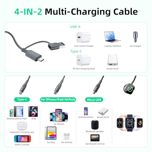 A-Pce 4-in-2 Multi Charging Cable with Smartwatch Charging, Grey-4FT - color: Grey, size: 4FT