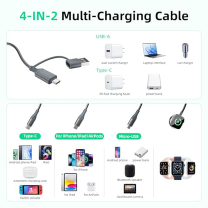 A-Pce 4-in-2 Multi Charging Cable with Smartwatch Charging, Grey-4FT - color: Grey, size: 4FT