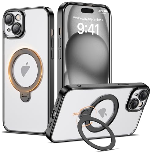 Compatible with iPhone 15 Case with 360° Spin Magnetic Ring Stand [Compatible with Mag-Safe] Full Camera Lens Protector Plating Clear Phone Case for iPhone 15 6.1", Black - color: Black, size: Iphone 15