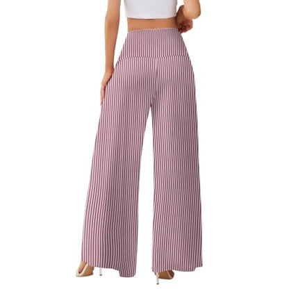 Women's Palazzo Lounge Wide Leg Casual High Waist Flowy Pants with Pockets - color: 02-vermilion, size: Large