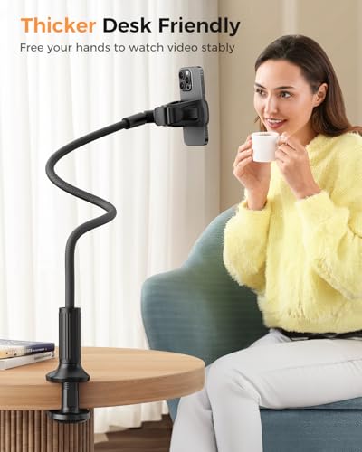 SAIJI Gooseneck Phone Holder for Bed Overall Length 38.6” Flexible Leather Wrapped Arm Overhead Cell Phone Mount Stand with 360° Adjustable Clamp Clip, Compatible with All 4-7” Cellphones (Black) - color: Black, size: 38.6 in